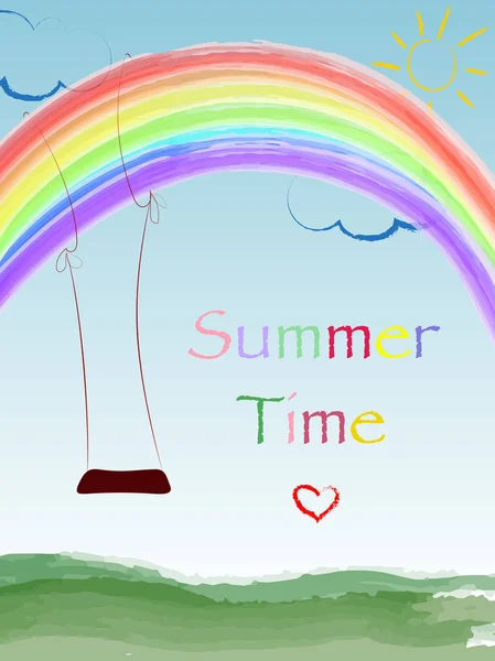 Dibujos animados vectoriales ilustración de un hermoso paisaje de verano con sol y arco iris. vacaciones — Vector de stock
