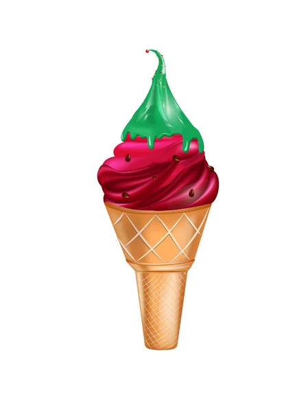 Delicioso sorvete colorido em cone de waffle isolado em fundo branco. Ilustração vetorial para web design ou impressão —  Vetores de Stock