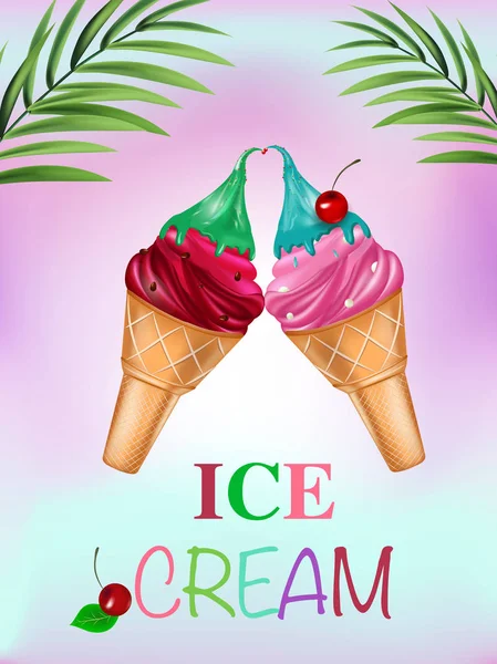 Cartaz de gelado. Ilustração de férias de verão. Delicioso sorvete colorido em cone de waffle  . — Vetor de Stock