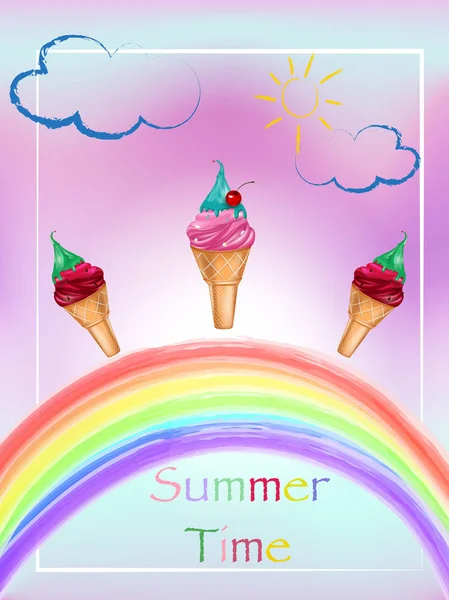Poster gelato. Illustrazione vacanze estive. Delizioso gelato colorato in cono waffle  . — Vettoriale Stock