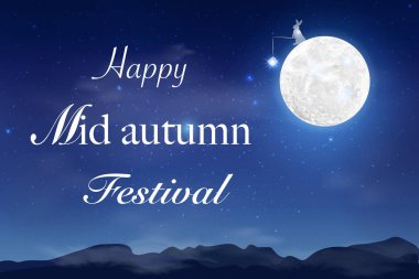 Dolunay ile mutlu Mid Sonbahar Festivali tasarım. Gece arka plan güzel dolunay ile tavşan.