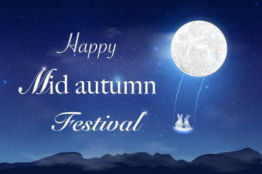 Dolunay ile mutlu Mid Sonbahar Festivali tasarım. Gece arka plan güzel dolunay ile tavşan.