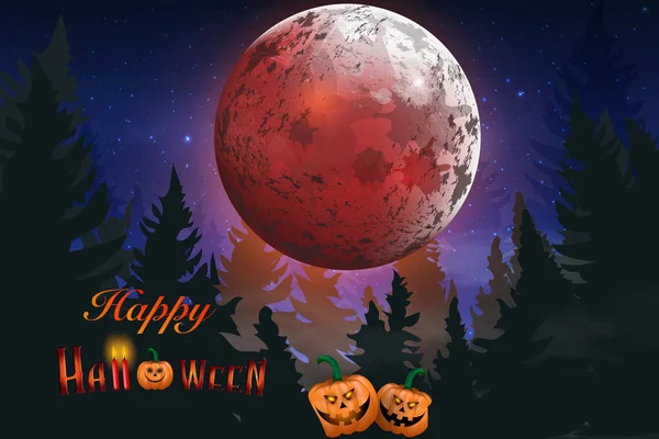 Buon Halloween. Boo! Un biglietto inquietante per Halloween. sfondo notturno con luna piena, lapidi, pipistrelli — Vettoriale Stock