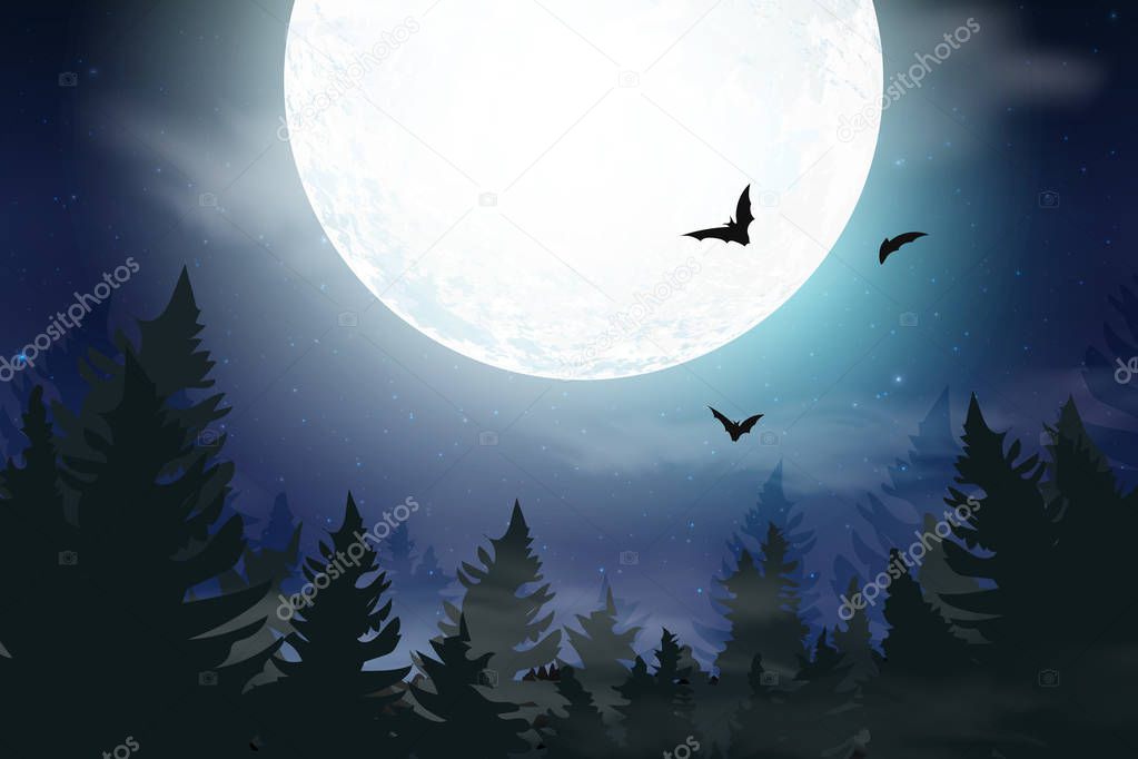 Blue dark Night sky background with full moon, clouds and stars