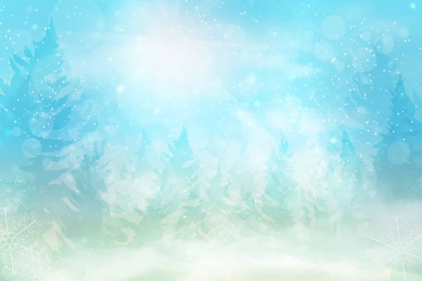 Ciel bleu d'hiver avec chute de neige, flocons de neige avec paysage hivernal — Image vectorielle