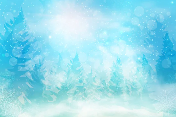 Зимнее голубое небо с падающим снегом, снежинки с зимним пейзажем — стоковый вектор