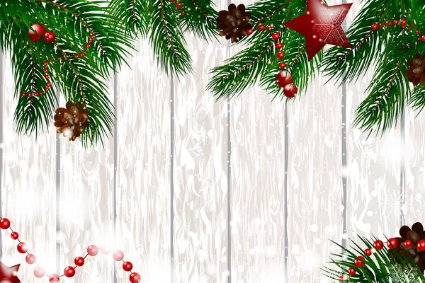 Рождественский деревянный фон с еловыми ветками и снегом. Счастливого Рождества. векторная иллюстрация. Рождественская открытка Векторный фон — стоковый вектор