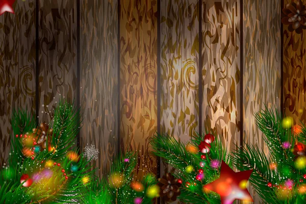 Natal fundo de madeira com ramos de abeto e neve . — Vetor de Stock