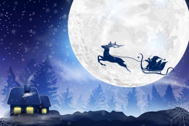 Düşen kar kış mavi gökyüzü, dolunay ile kar taneleri ile bir kış manzara. Noel Baba bir geyik ile bir atlı kızak üzerinde uçan. Noel ve yeni yıl için festival kış arka plan.