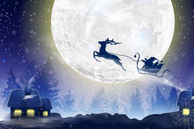 Düşen kar kış mavi gökyüzü, dolunay ile kar taneleri ile bir kış manzara. Noel Baba bir geyik ile bir atlı kızak üzerinde uçan. Noel ve yeni yıl için festival kış arka plan.