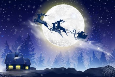 Düşen kar kış mavi gökyüzü, dolunay ile kar taneleri ile bir kış manzara. Noel Baba bir geyik ile bir atlı kızak üzerinde uçan. Noel ve yeni yıl için festival kış arka plan.