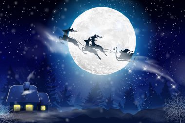 Düşen kar kış mavi gökyüzü, dolunay ile kar taneleri ile bir kış manzara. Noel Baba bir geyik ile bir atlı kızak üzerinde uçan. Noel ve yeni yıl için festival kış arka plan.