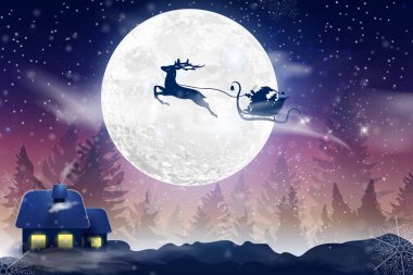 Düşen kar kış mavi gökyüzü, dolunay ile kar taneleri ile bir kış manzara. Noel Baba bir geyik ile bir atlı kızak üzerinde uçan. Noel ve yeni yıl için festival kış arka plan.