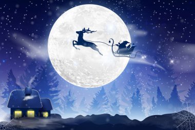 Düşen kar kış mavi gökyüzü, dolunay ile kar taneleri ile bir kış manzara. Noel Baba bir geyik ile bir atlı kızak üzerinde uçan. Noel ve yeni yıl için festival kış arka plan.