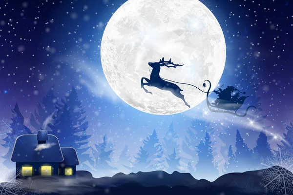 Vinter blå himmel med fallande snö, snöflingor med en vinter landskap med en fullmåne. Jultomten som flyger på en släde med ett rådjur. Festlig vintern bakgrund för jul och nyår. — Stock vektor