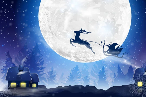 Winter blue sky with falling snow, snowflakes with a winter landscape with a full moon. Santa Claus flying on a sleigh with a deer. Festive winter background for Christmas and New Year. — Stock Vector