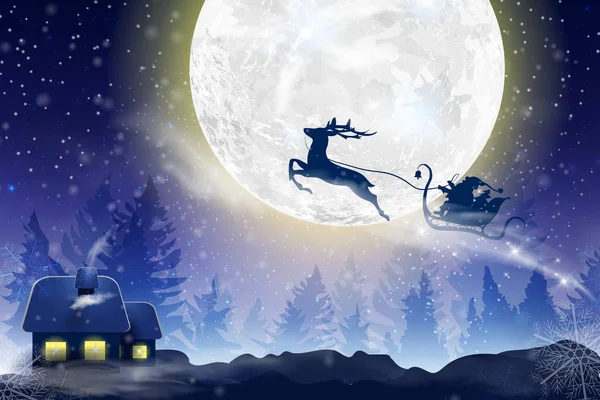 Jultomten Som Flyger Släde Med Ett Rådjur Festlig Vintern Bakgrund — Stock vektor