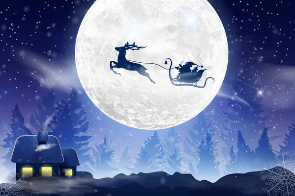 Winterblauer Himmel mit fallendem Schnee, Schneeflocken mit einer Winterlandschaft bei Vollmond. Weihnachtsmann fliegt auf einem Schlitten mit einem Hirsch. festlicher Winterhintergrund für Weihnachten und Neujahr. — Stockvektor