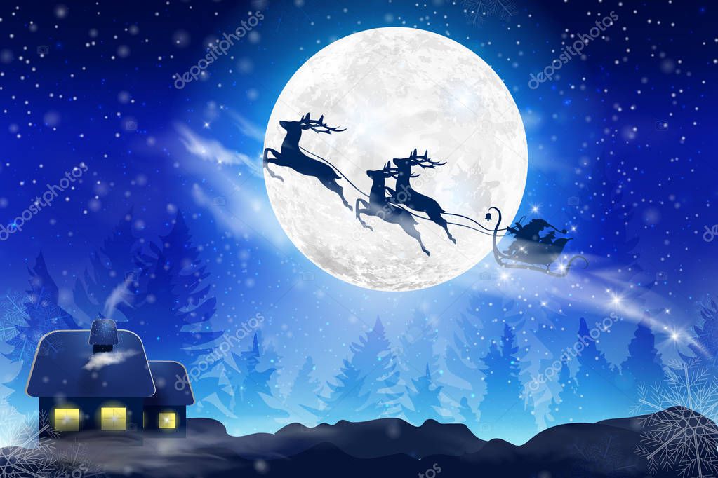 Winter blue sky with falling snow, snowflakes with a winter landscape with a full moon. Santa Claus flying on a sleigh with a deer. Festive winter background for Christmas and New Year.
