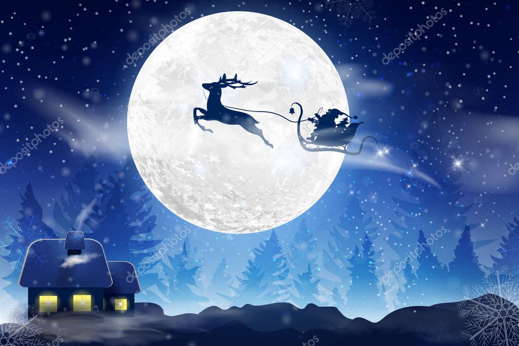 Winter blue sky with falling snow, snowflakes with a winter landscape with a full moon. Santa Claus flying on a sleigh with a deer. Festive winter background for Christmas and New Year.