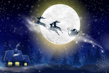 Düşen kar kış mavi gökyüzü, dolunay ile kar taneleri ile bir kış manzara. Noel Baba bir geyik ile bir atlı kızak üzerinde uçan. Noel ve yeni yıl için festival kış arka plan.