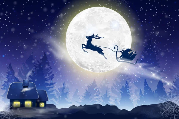 Winter blue sky with falling snow, snowflakes with a winter landscape with a full moon. Santa Claus flying on a sleigh with a deer. Festive winter background for Christmas and New Year. — Stock Vector