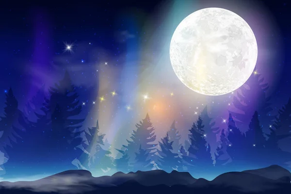 Mörk blå natt bakgrund med full månad, moln och stjärnor — Stock vektor