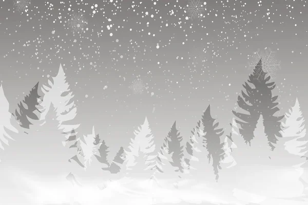 Inverno paisagem fundo com queda de neve, abeto floresta silhueta. — Vetor de Stock