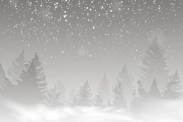 Fondo de paisaje de invierno con nieve que cae, silueta de bosque de abeto. — Vector de stock