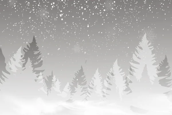 Sfondo paesaggio invernale con neve che cade, silhouette foresta di abete rosso. — Vettoriale Stock