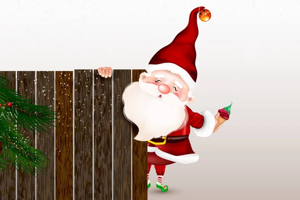 Счастливый улыбающийся Санта-Клаус стоит за табличкой, показывая большую деревянную табличку. — стоковый вектор