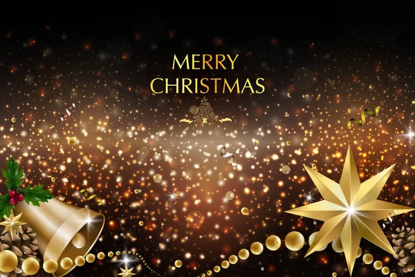 金の星、果実、クリスマス ツリー、松の枝のための装飾などお祭り要素の組成のクリスマス カード. — ストックベクタ