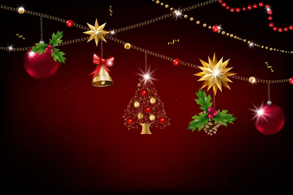 Decoração dourada de Natal. Pendurado glitter bolas, árvores, estrelas — Vetor de Stock