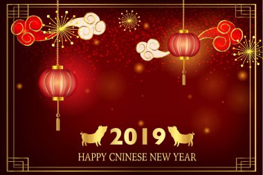 Mutlu Çin yeni yıl domuz. Tebrik kartı, el ilanları, davet, afiş, broşür, afiş. Mutlu yeni yıl 2019. 