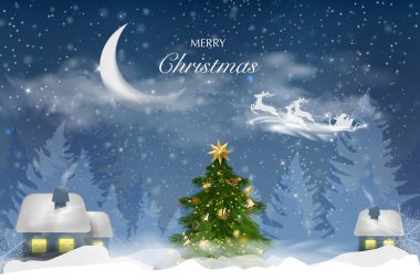 Düşen kar kış mavi gökyüzü, ay ile kar taneleri ile bir kış manzara