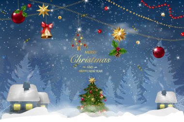 Düşen kar kış mavi gökyüzü, ay ile kar taneleri ile bir kış manzara