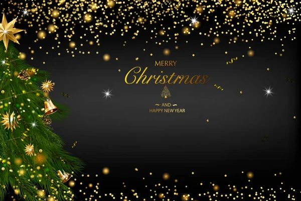 メリー クリスマスと新年あけましておめでとうございます。ベクトル キラキラ装飾、金 — ストックベクタ