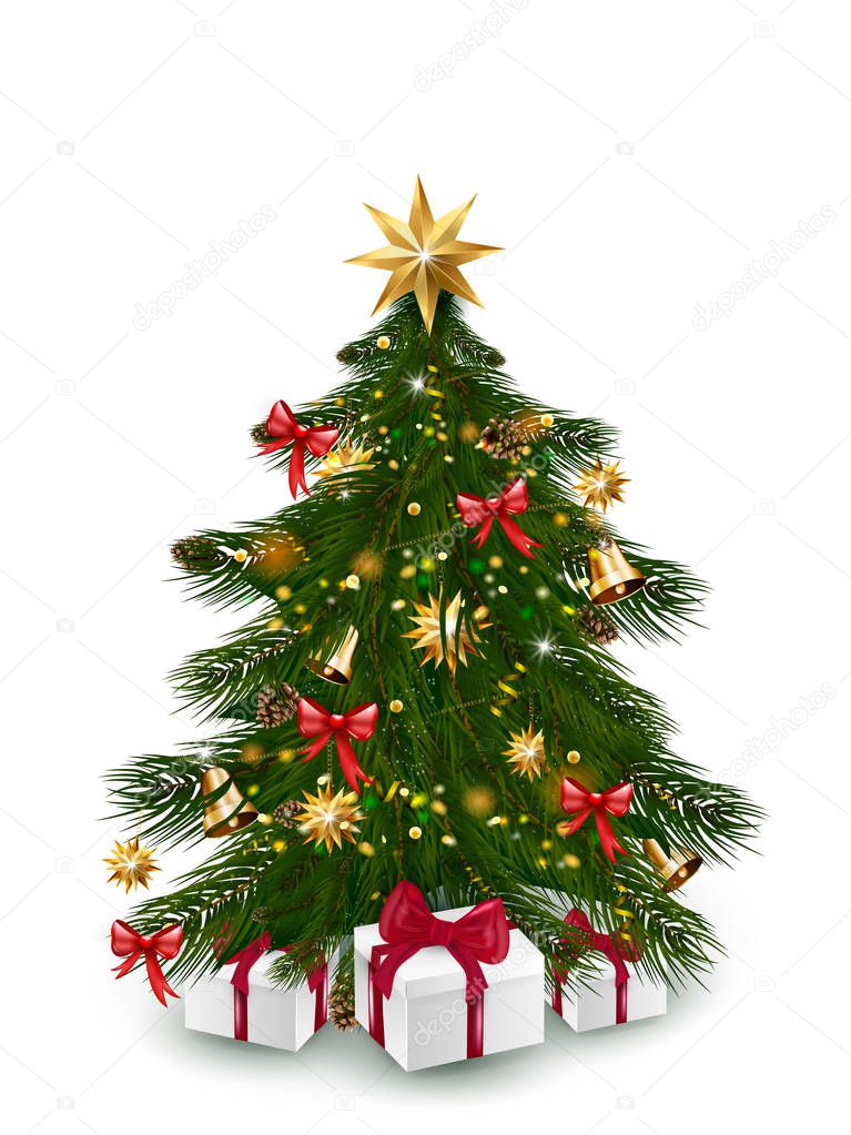 Christmas tree with xmas decorations - ornaments, stars, garlands, snowflakes, lamps