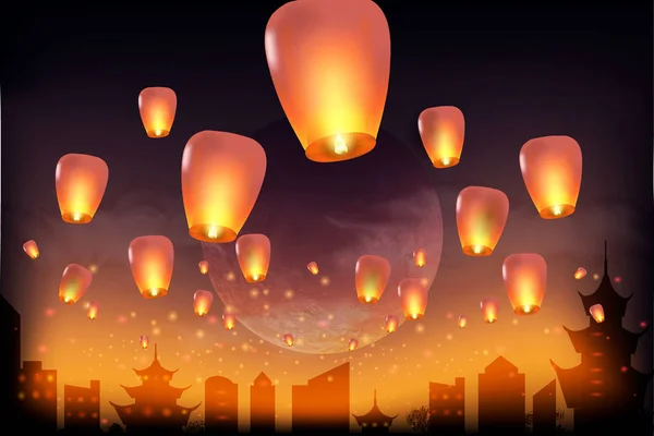 Festival chinois de mi-automne. Lanternes chinoises dans le ciel nocturne — Image vectorielle