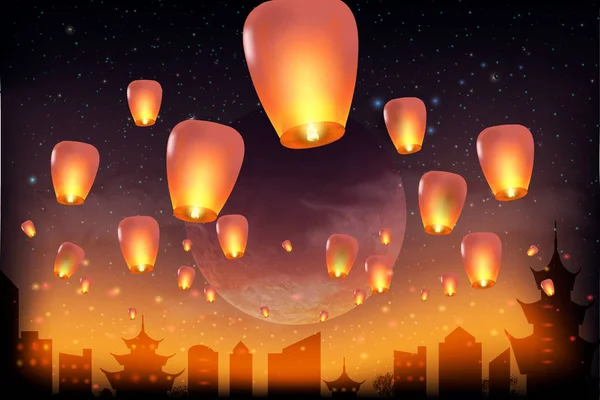 Festival chino de mediados de otoño. Linternas chinas en el cielo nocturno — Vector de stock