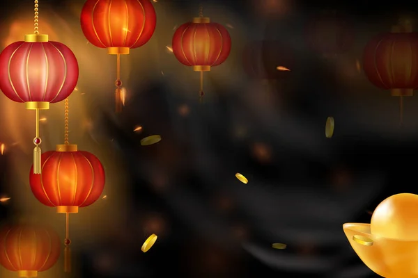 Feliz año nuevo chino. Linternas rojas chinas sobre un diseño de fondo oscuro para tarjetas, volantes, invitaciones, carteles, folletos, pancartas — Archivo Imágenes Vectoriales