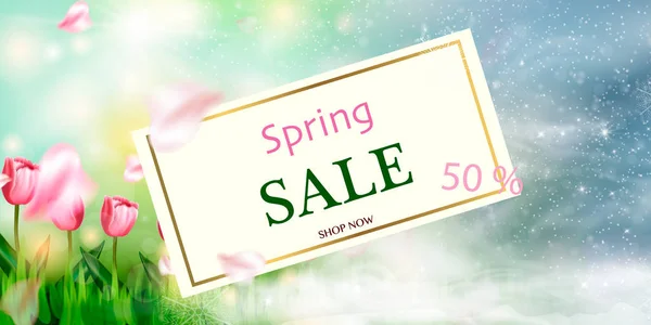 Banner de fondo de venta de primavera con hermosa flor colorida. Ilustración vectorial — Vector de stock