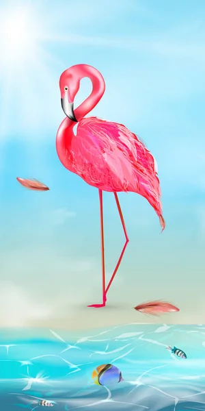 Pink flamingo, watercolor splashes — Stock Vector