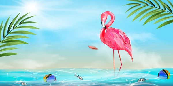 Pink flamingo, watercolor splashes — Stock Vector
