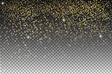Parçacıkların düşen parlak, altın konfeti pırıltılar, şeffaf arka plan üzerinde izole yıldız şenlikli illüstrasyon vektör.