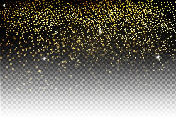 Εορταστική εικονογράφηση φορέα πτώση λαμπερά σωματίδια, χρυσές κομφετί Glitters, απομονώνονται σε διαφανές φόντο αστέρια. — Διανυσματικό Αρχείο