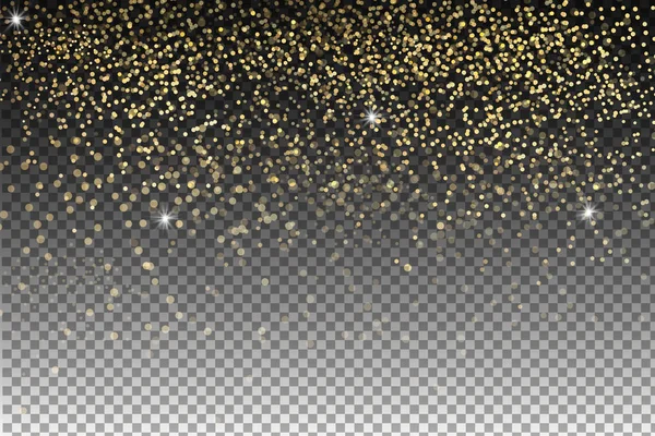 Vektor festliche Illustration von fallenden glänzenden Teilchen, goldenes Konfetti glitzert, Sterne isoliert auf transparentem Hintergrund. — Stockvektor