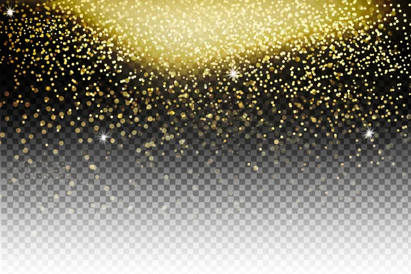 Vektor festliche Illustration von fallenden glänzenden Teilchen, goldenes Konfetti glitzert, Sterne isoliert auf transparentem Hintergrund. — Stockvektor