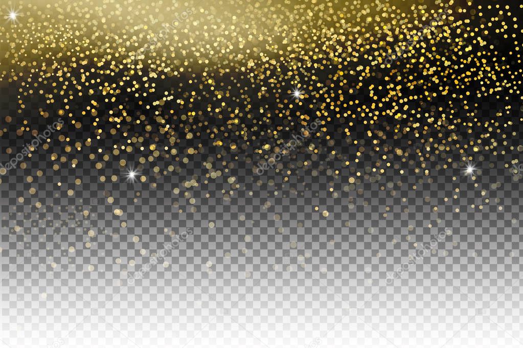 Vector festive illustration of falling shiny particles, Golden Confetti Glitters, stars isolated on transparent background.