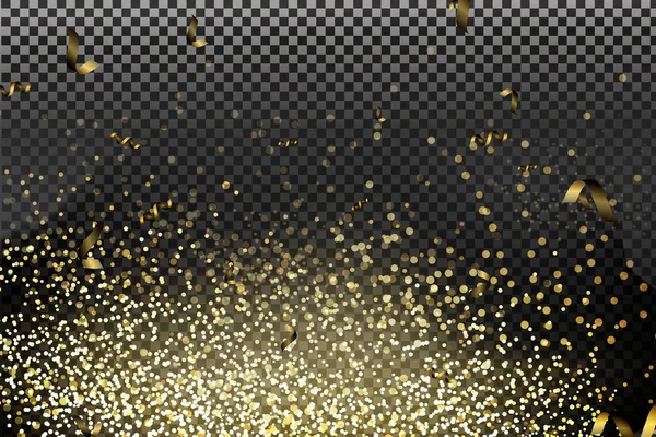 Vektor ünnepi illusztrációja alá eső fényes részecskék, Golden Confetti csillogás elszigetelt átlátszó háttér. — Stock Vector